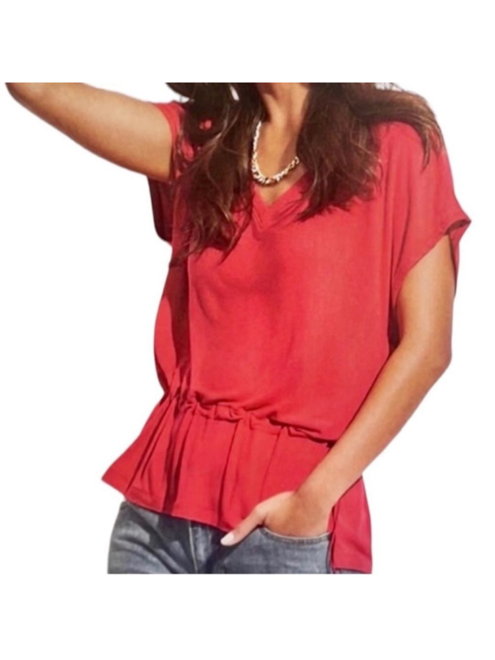CAbi Red Short Sleeve V-Neck Peplum Tee